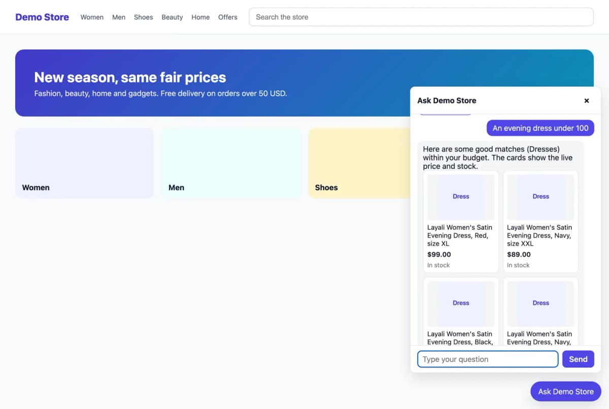 The shopping assistant open on a store page: a shopper asks for an evening dress under 100 and gets product cards with live price and stock.